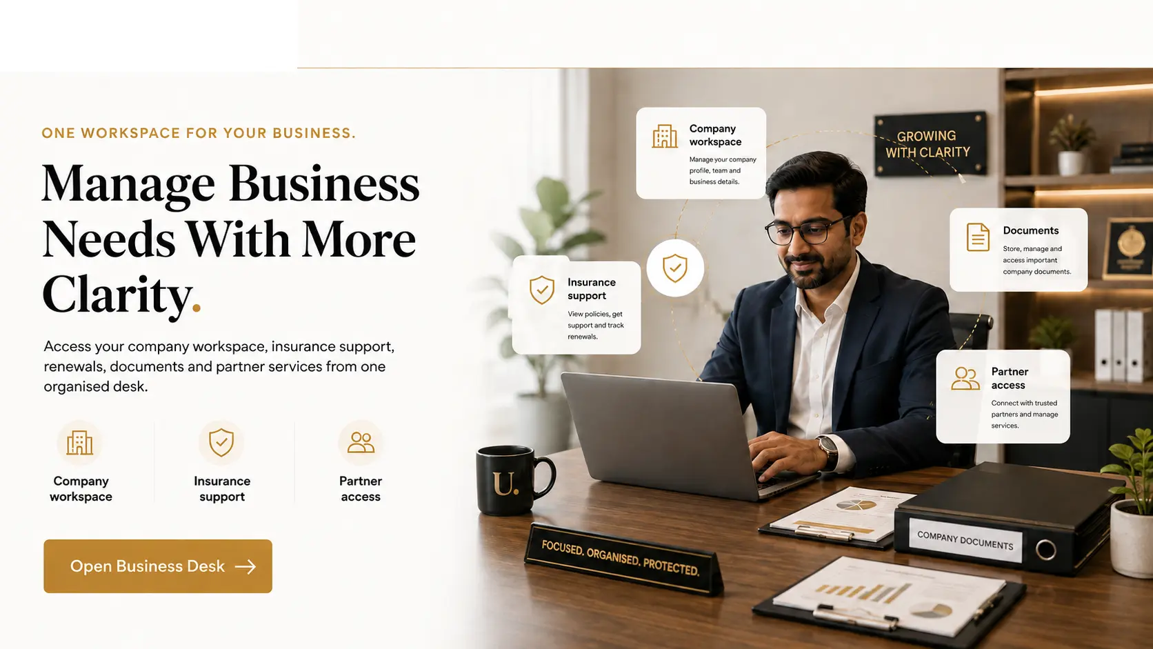 Underpitch Business Desk for company workspace, insurance support, documents and partner access