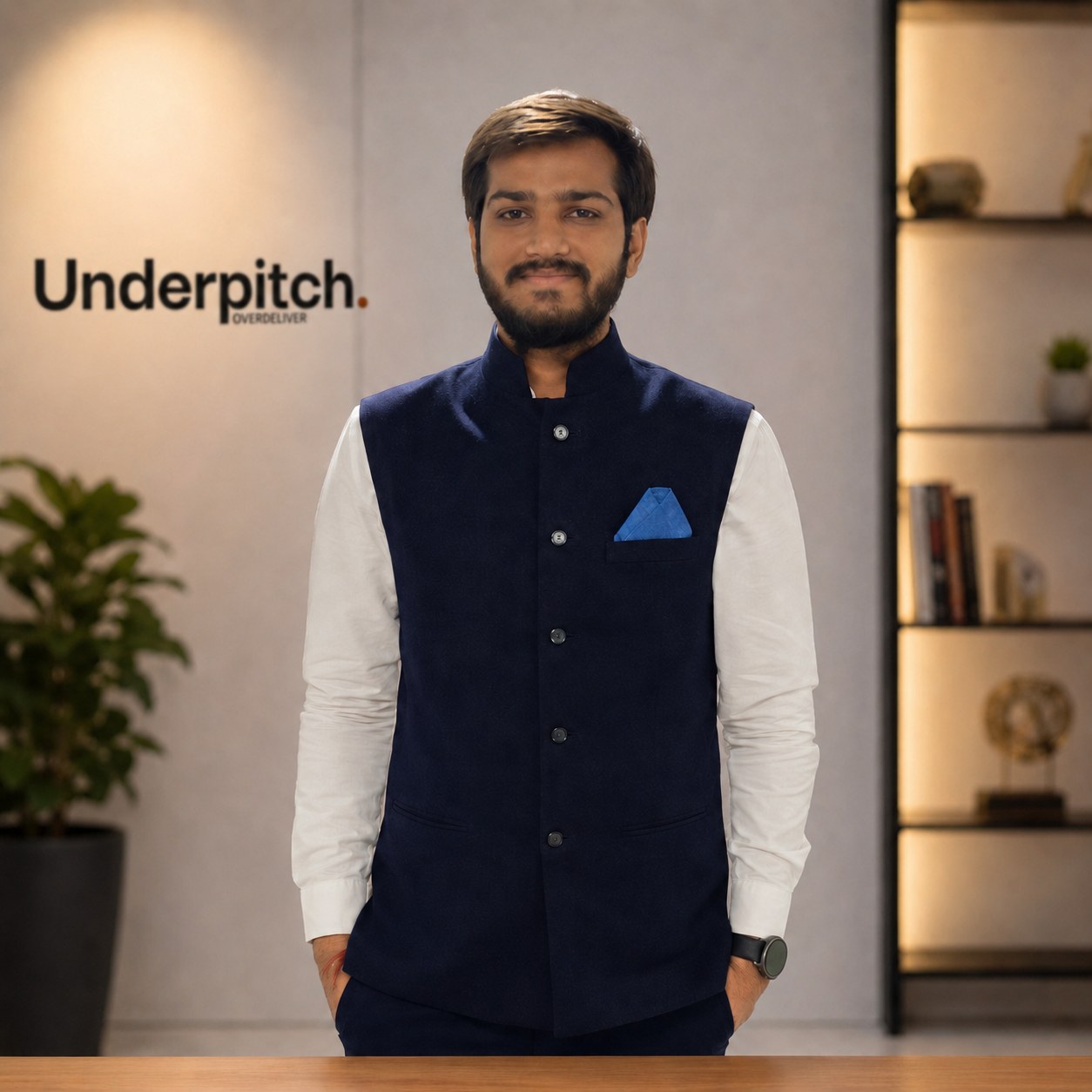 Kishan Parekh, founder of Underpitch, standing in the Underpitch office