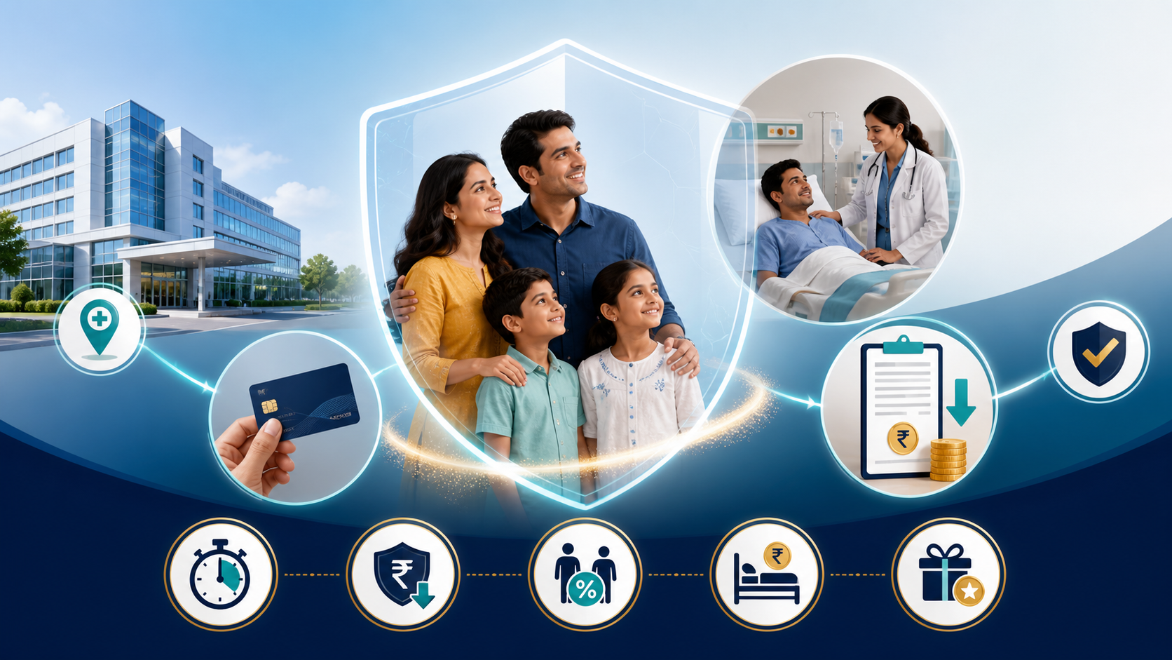 Illustration of a family protected from hospital expenses
