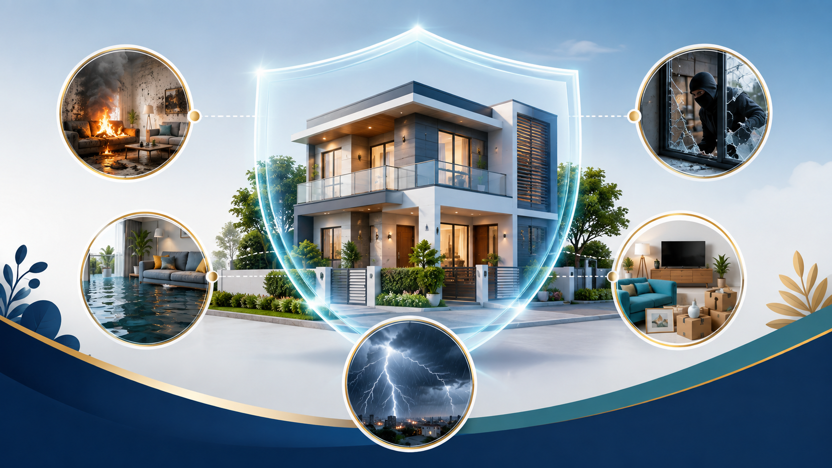 Illustration of a home protected against fire, flood, storm and burglary