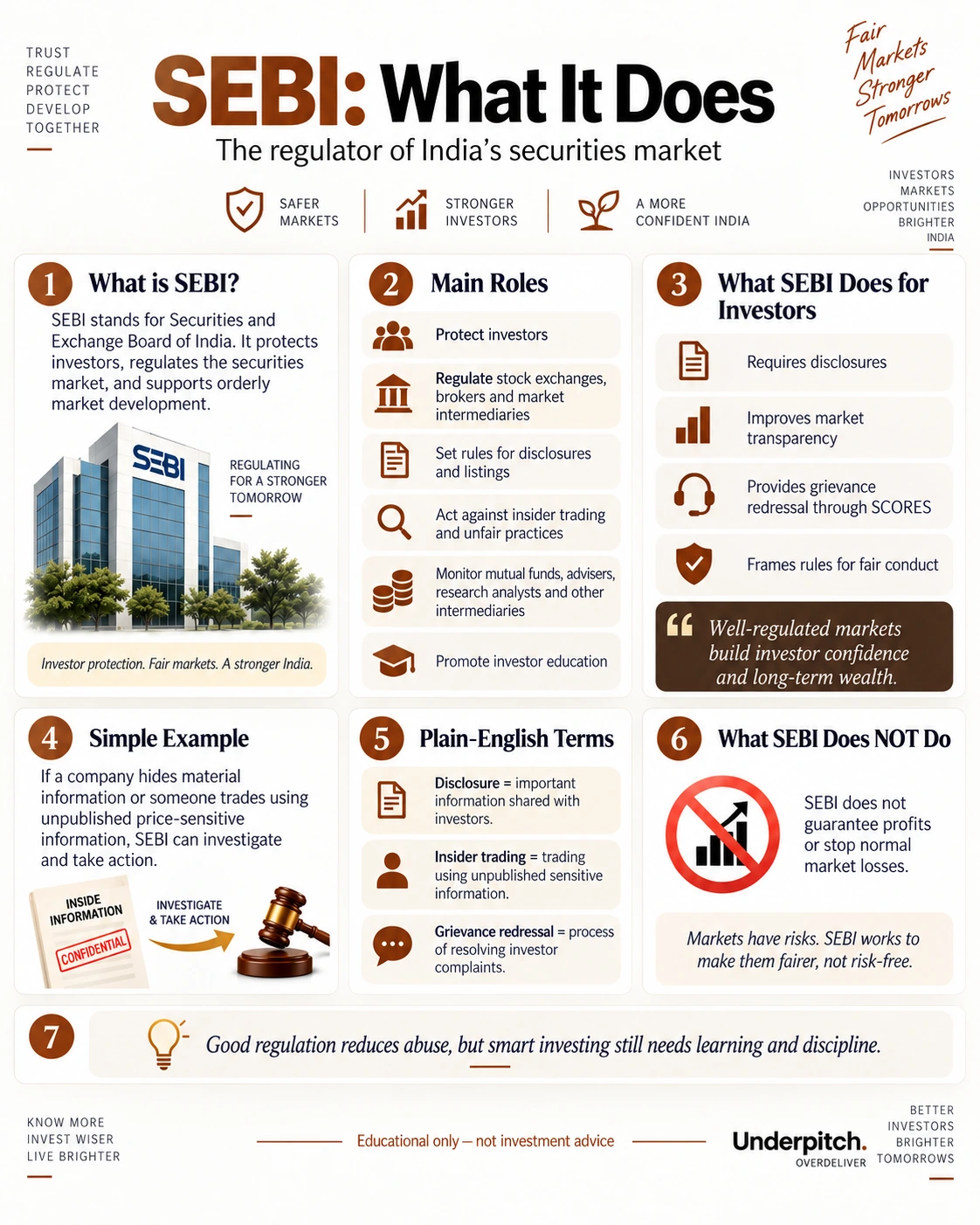 SEBI’s role in regulation, investor protection, market integrity and intermediary supervision.
