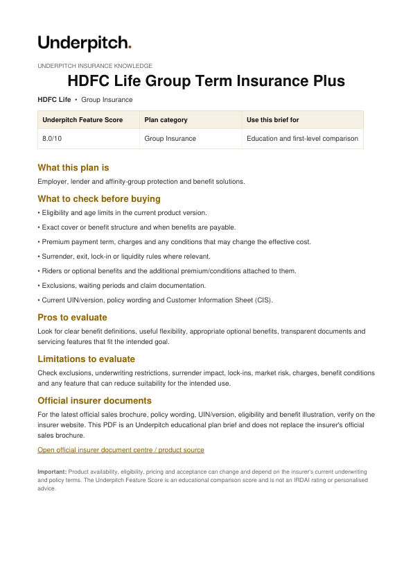 HDFC Life Group Term Insurance Plus plan cover