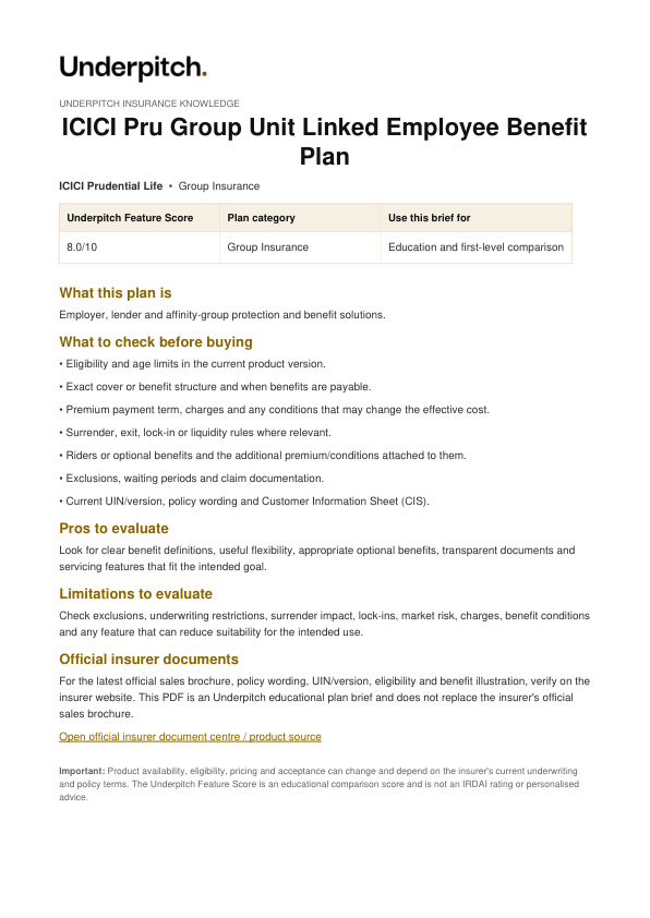 ICICI Pru Group Unit Linked Employee Benefit Plan plan cover
