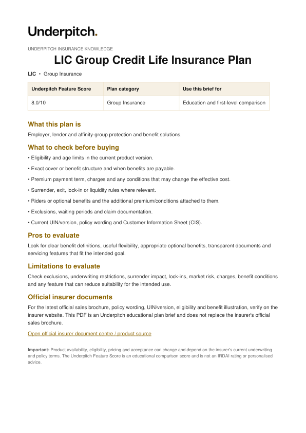 LIC Group Credit Life Insurance Plan plan cover