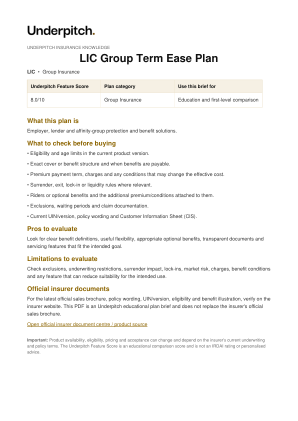 LIC Group Term Ease Plan plan cover