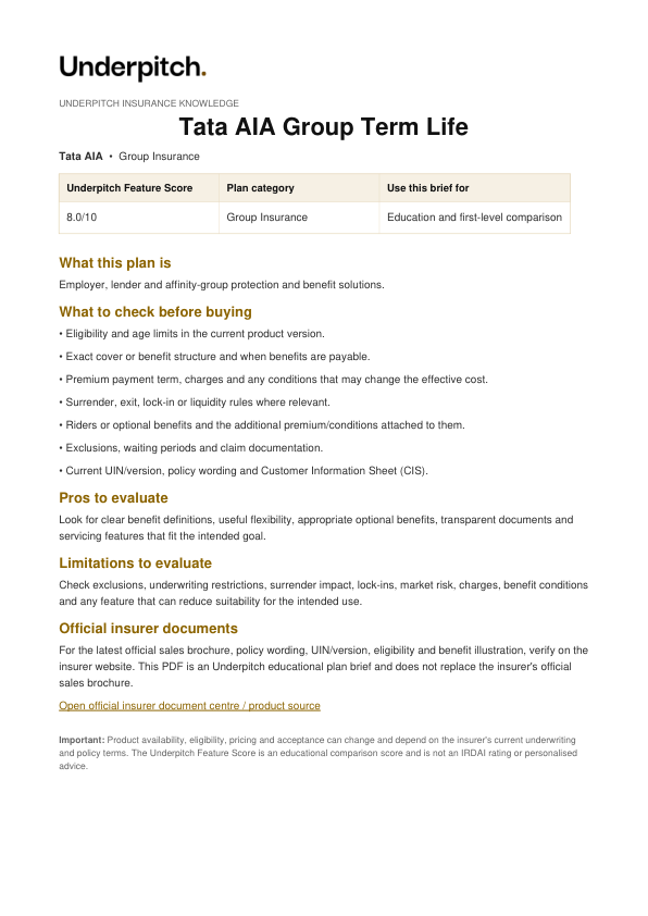 Tata AIA Group Term Life plan cover