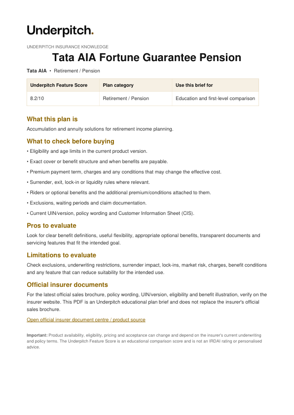 Tata AIA Fortune Guarantee Pension plan cover