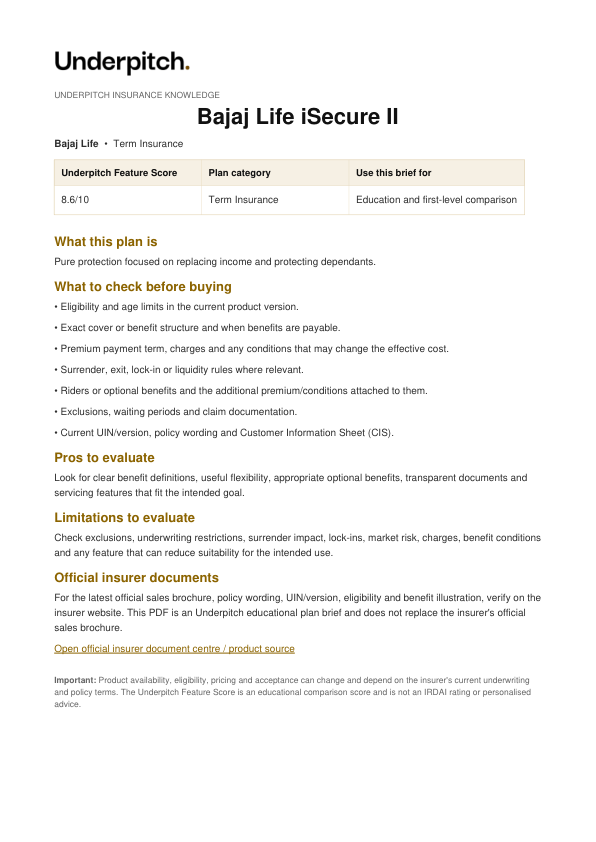 Bajaj Life iSecure II plan cover