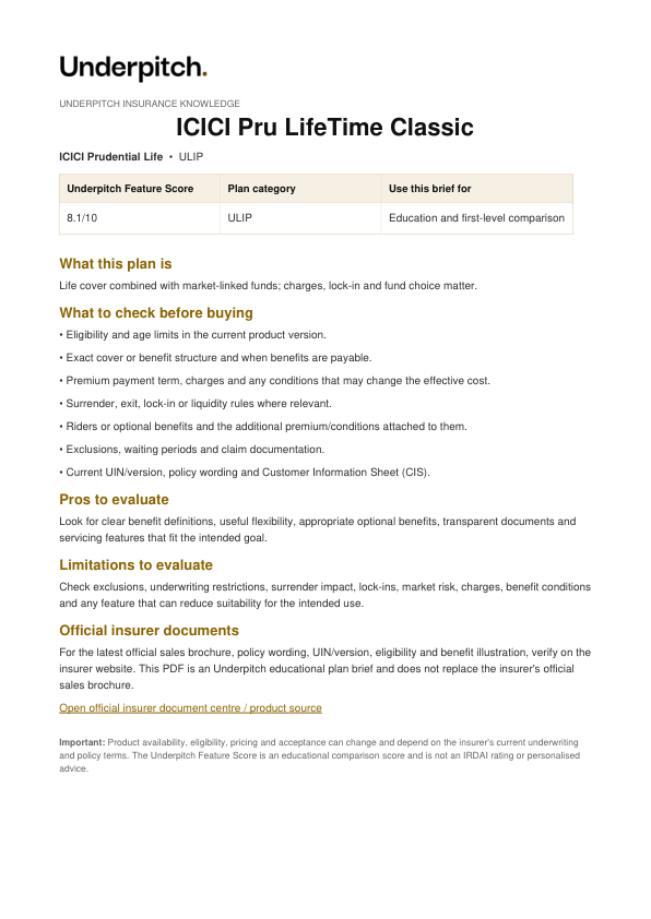 ICICI Pru LifeTime Classic plan cover